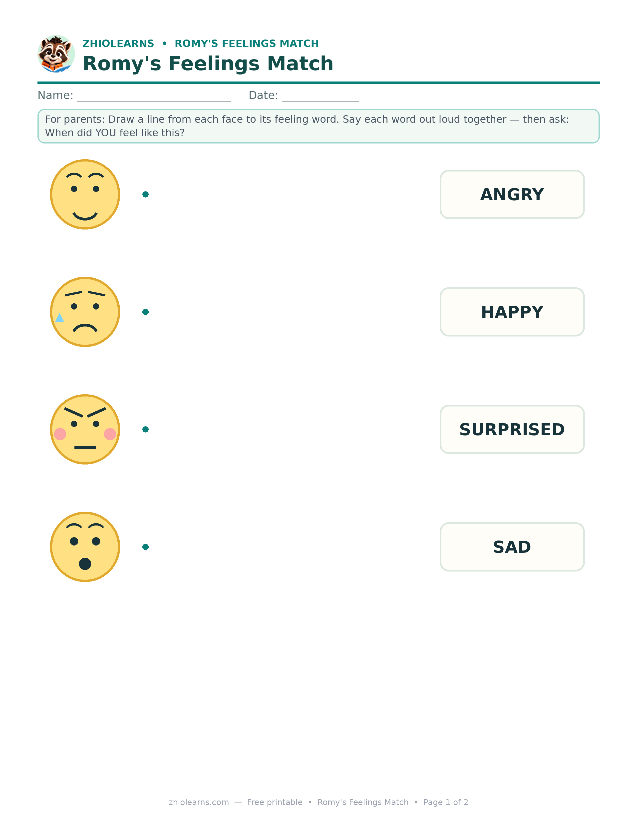 Preview of Romy's Feelings Match printable worksheet