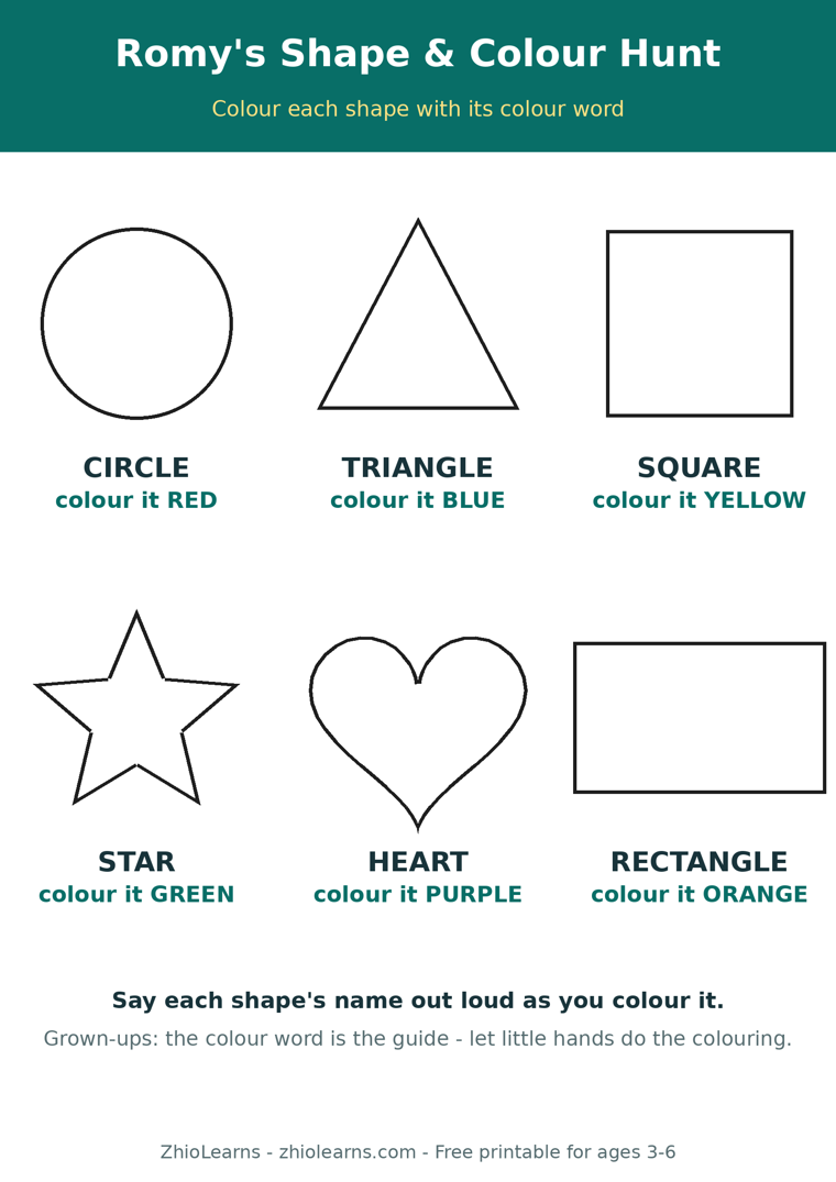 Preview of Romy's Shape and Colour Hunt printable